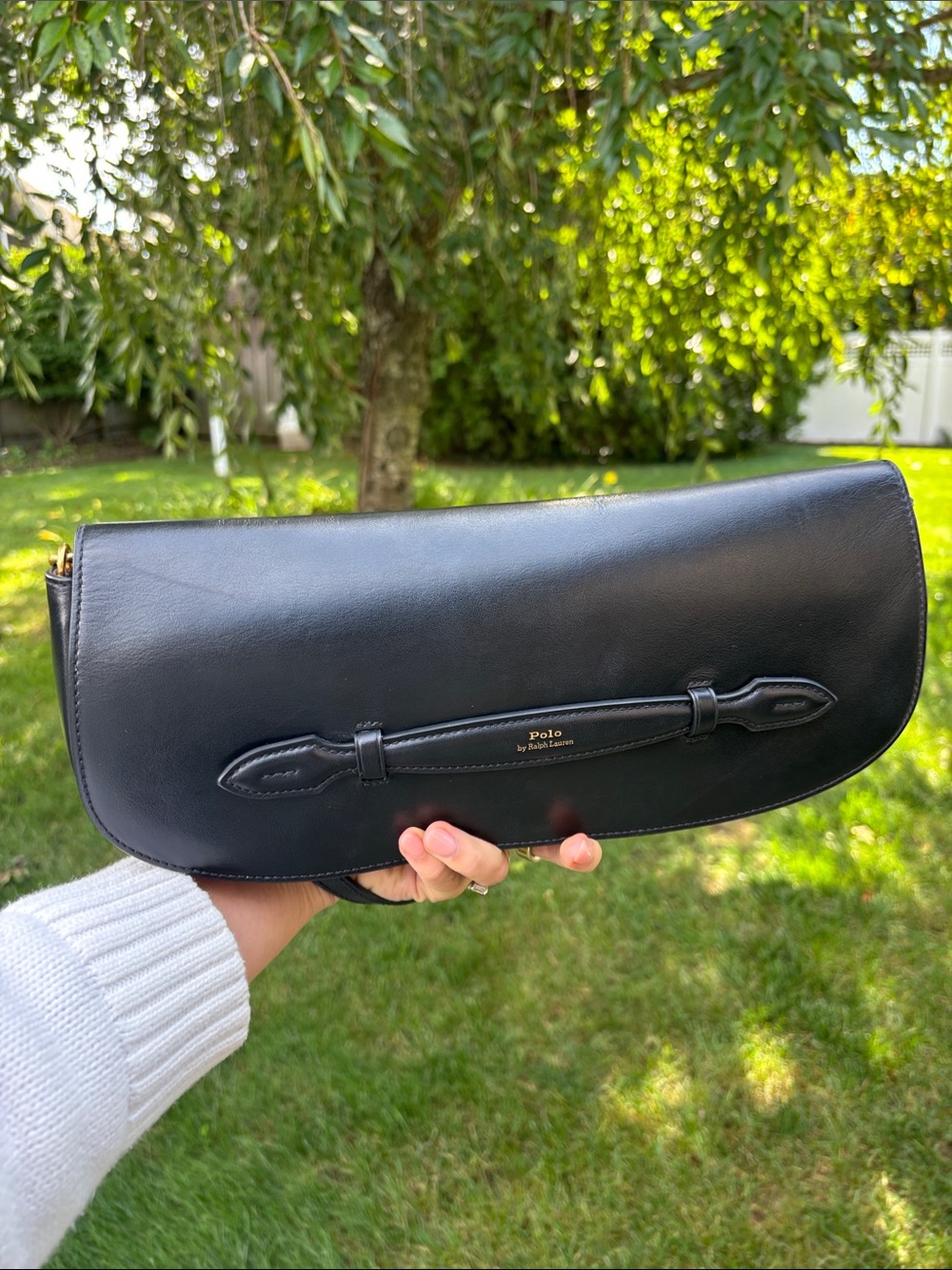 Polo Ralph Lauren Large Sport Clutch Black Leather Shoulder Bag with Gold Logo